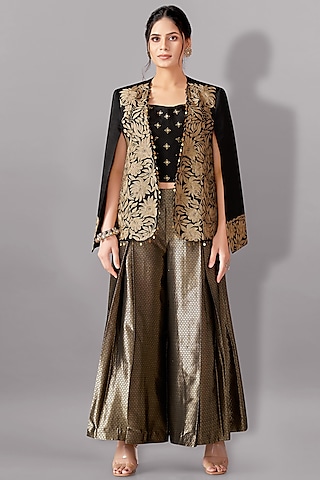 Black Satin Linen Aari Embroidered Jacket Set by Aditi Somani