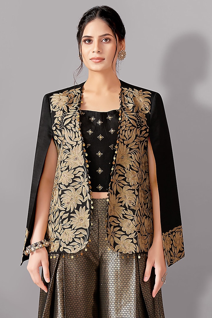 Black Satin Linen Aari Embroidered Jacket Set by Aditi Somani at Pernia's Pop Up Shop