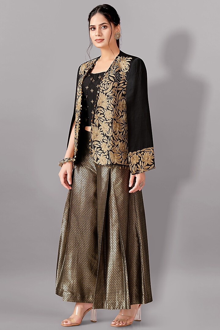 Black Satin Linen Aari Embroidered Jacket Set by Aditi Somani at Pernia's Pop Up Shop
