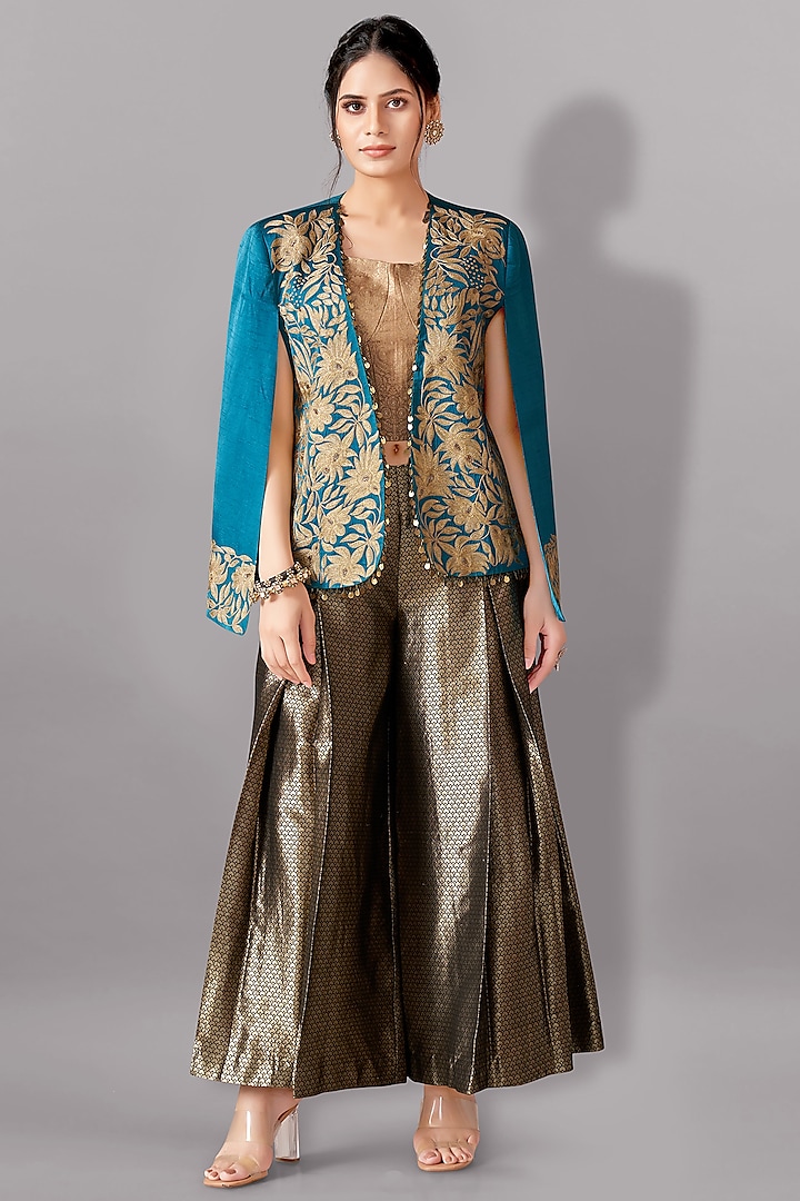 Teal Satin Linen Aari Embroidered Jacket Set by Aditi Somani at Pernia's Pop Up Shop