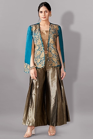 Teal Satin Linen Aari Embroidered Jacket Set by Aditi Somani
