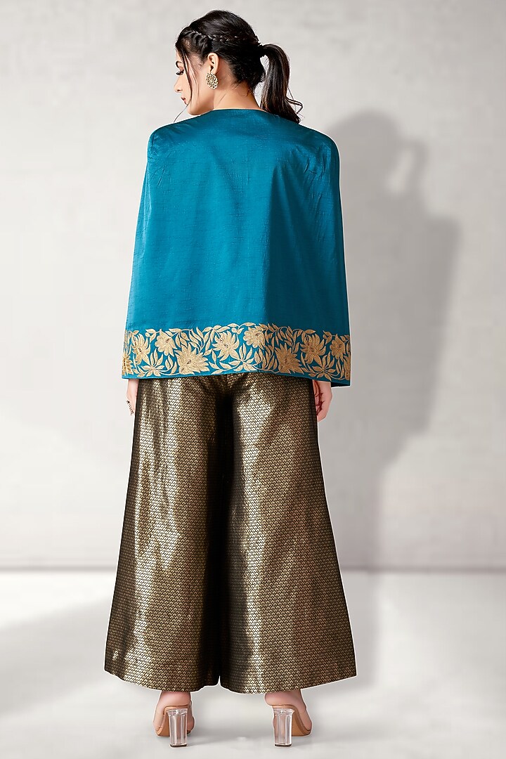 Teal Satin Linen Aari Embroidered Jacket Set by Aditi Somani at Pernia's Pop Up Shop