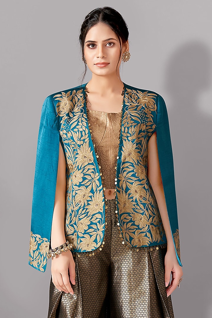 Teal Satin Linen Aari Embroidered Jacket Set by Aditi Somani at Pernia's Pop Up Shop