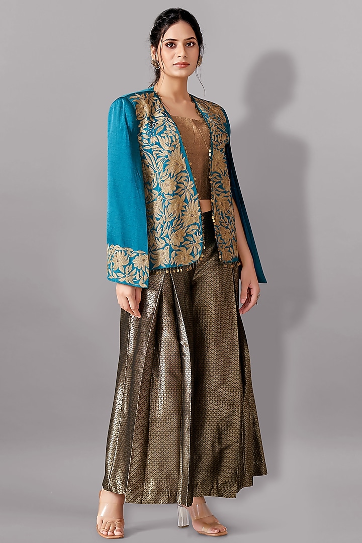 Teal Satin Linen Aari Embroidered Jacket Set by Aditi Somani at Pernia's Pop Up Shop