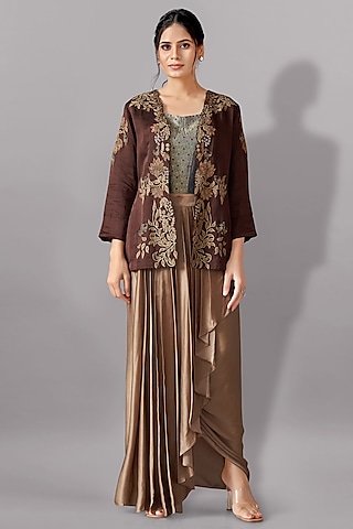 Brown Satin Linen & Brocade Cutwork Embroidered Jacket Set by Aditi Somani