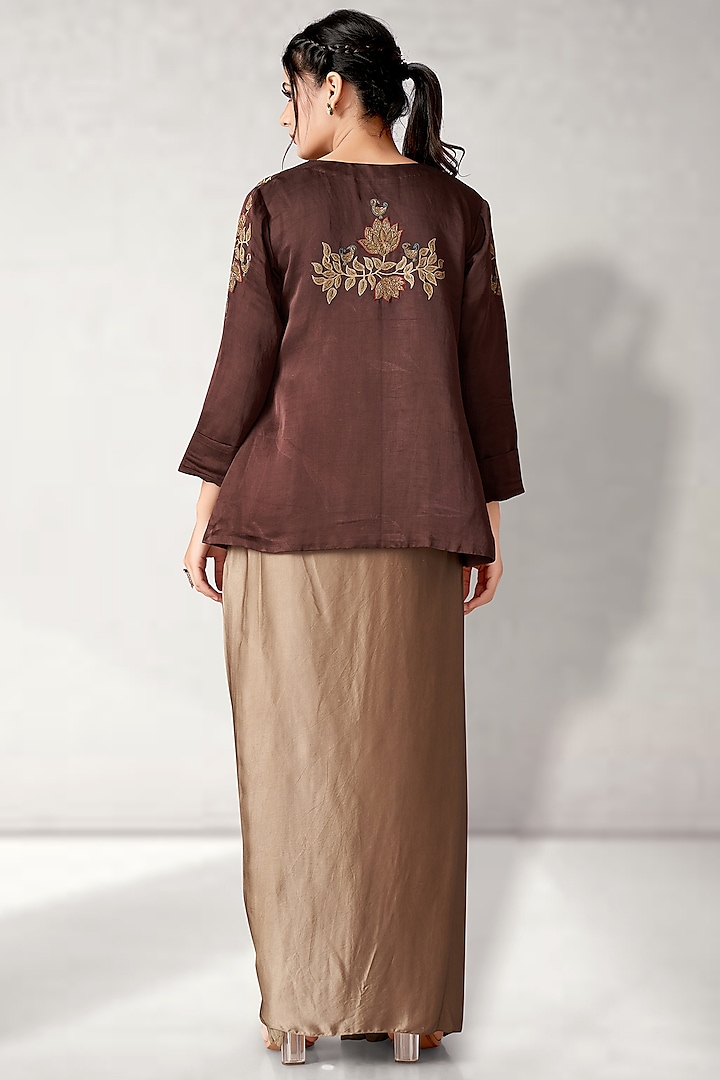 Brown Satin Linen & Brocade Cutwork Embroidered Jacket Set by Aditi Somani at Pernia's Pop Up Shop