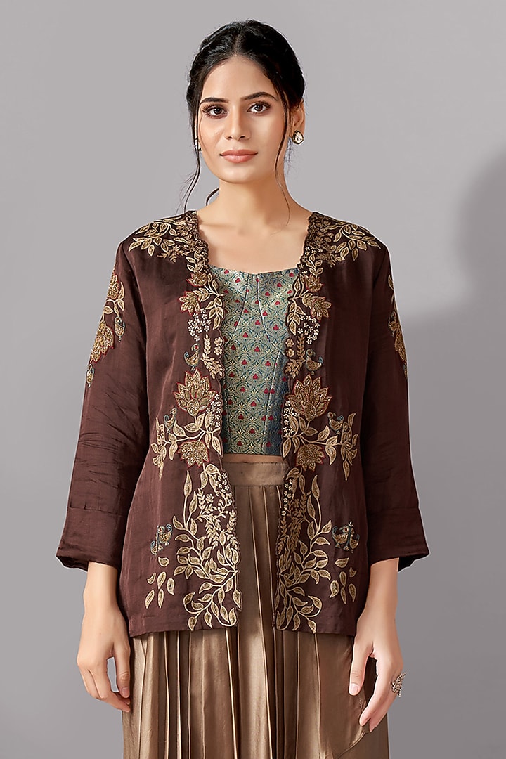 Brown Satin Linen & Brocade Cutwork Embroidered Jacket Set by Aditi Somani at Pernia's Pop Up Shop