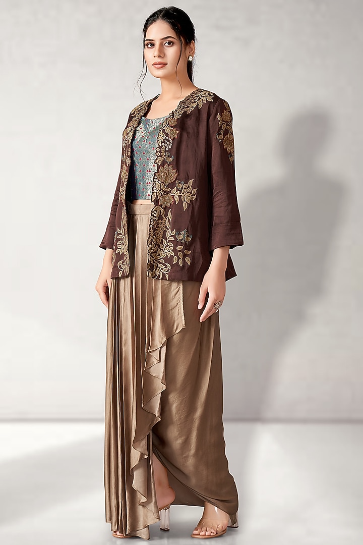 Brown Satin Linen & Brocade Cutwork Embroidered Jacket Set by Aditi Somani at Pernia's Pop Up Shop