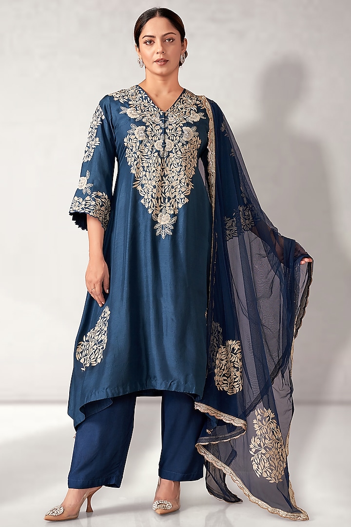 Dull Blue Dupion Silk Embroidered Long Tunic Set by Aditi Somani at Pernia's Pop Up Shop