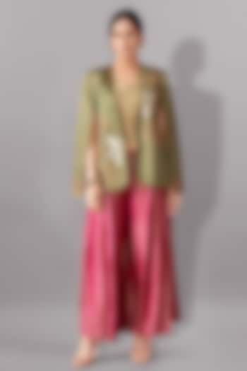 Green Satin Linen Embroidered Blazer Set by Aditi Somani at Pernia's Pop Up Shop