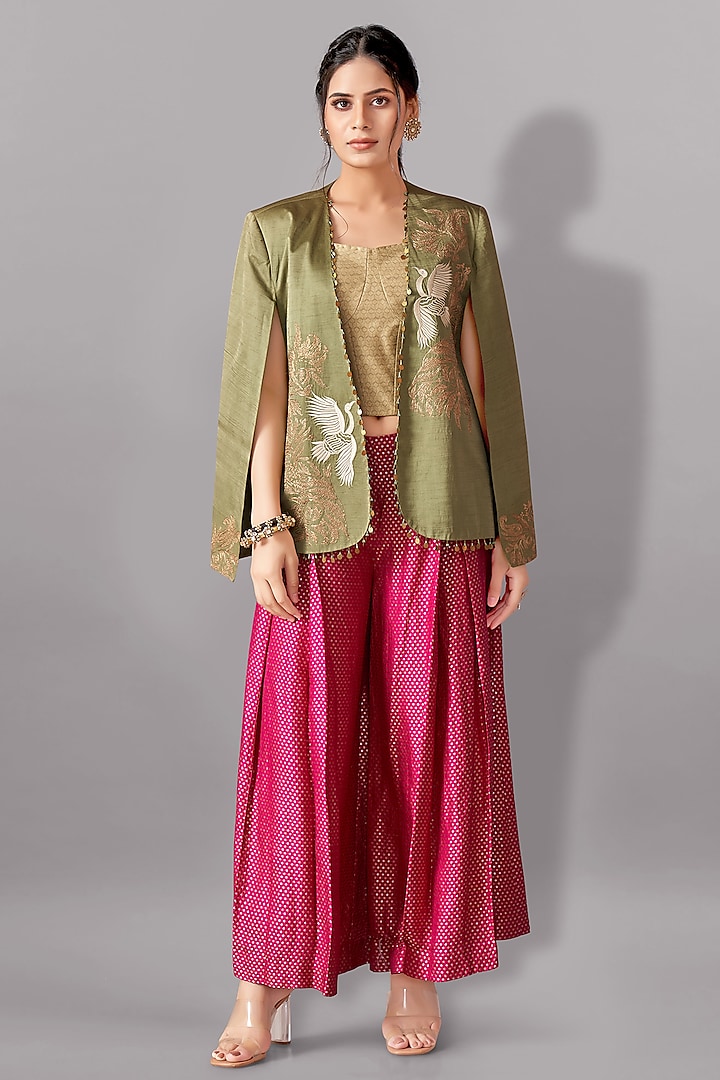 Green Satin Linen Embroidered Blazer Set by Aditi Somani at Pernia's Pop Up Shop