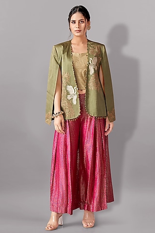 Green Satin Linen Embroidered Blazer Set by Aditi Somani