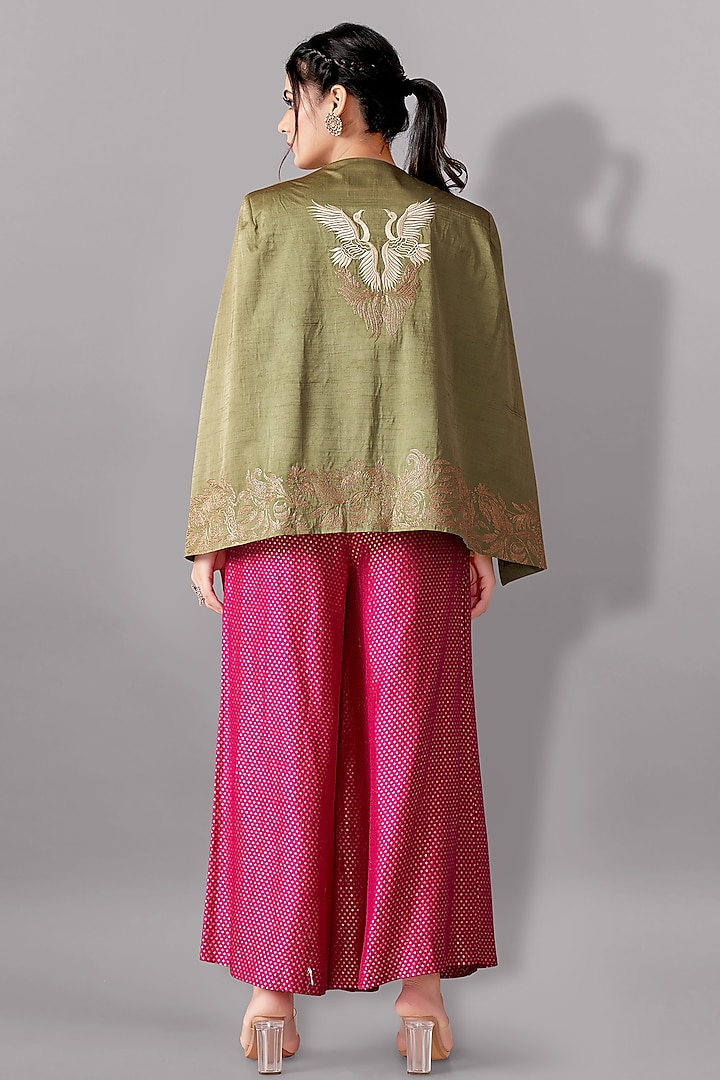 Green Satin Linen Embroidered Blazer Set by Aditi Somani at Pernia's Pop Up Shop