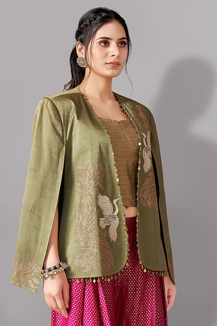 Green Satin Linen Embroidered Blazer Set by Aditi Somani at Pernia's Pop Up Shop