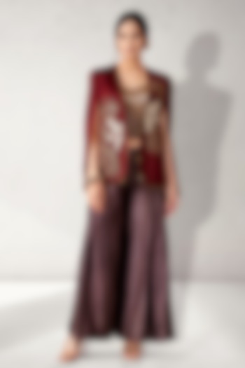 Maroon Satin Linen Embroidered Blazer Set by Aditi Somani at Pernia's Pop Up Shop