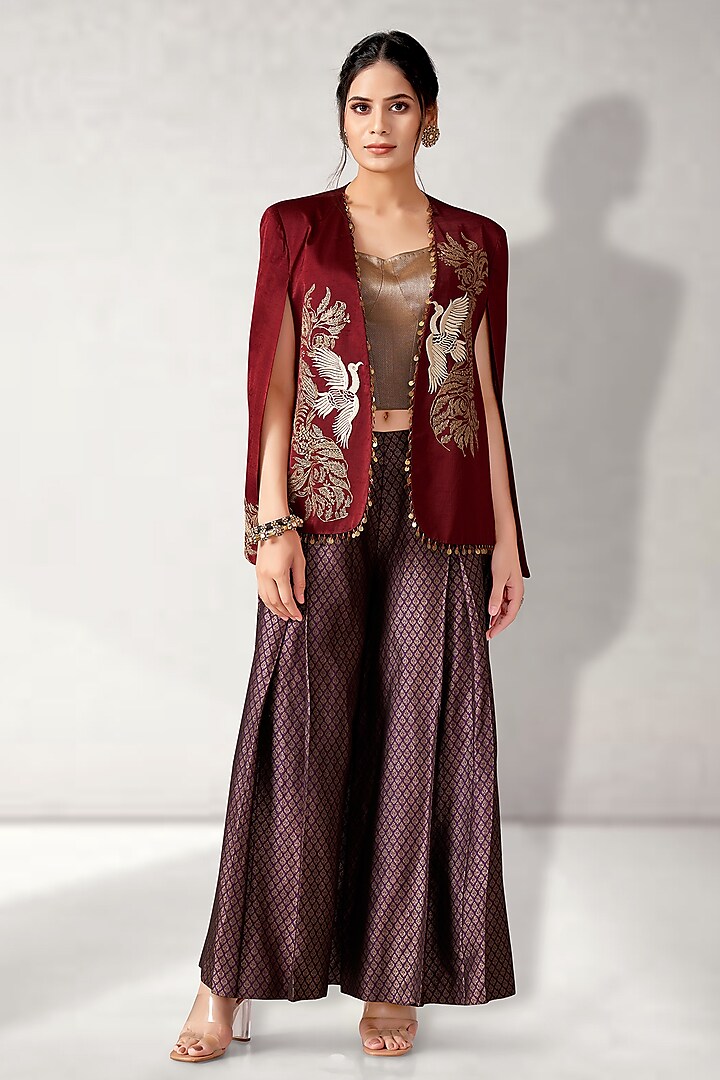 Maroon Satin Linen Embroidered Blazer Set by Aditi Somani at Pernia's Pop Up Shop