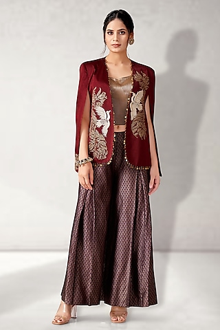 Maroon Satin Linen Embroidered Blazer Set by Aditi Somani