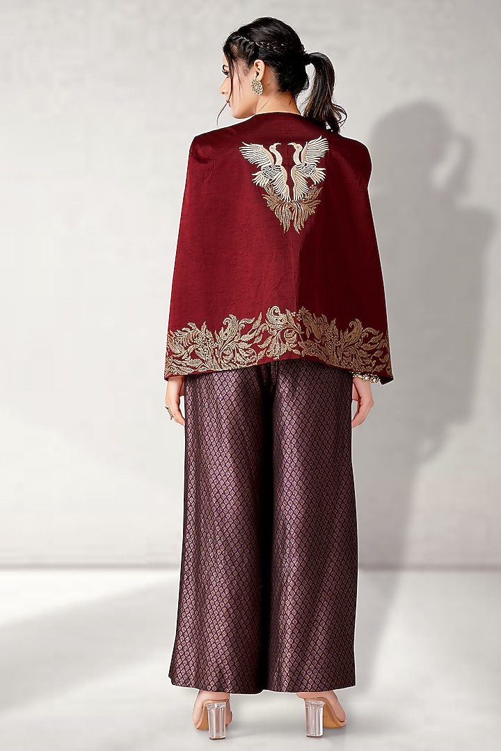 Maroon Satin Linen Embroidered Blazer Set by Aditi Somani at Pernia's Pop Up Shop