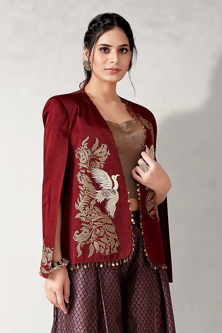 Maroon Satin Linen Embroidered Blazer Set by Aditi Somani at Pernia's Pop Up Shop
