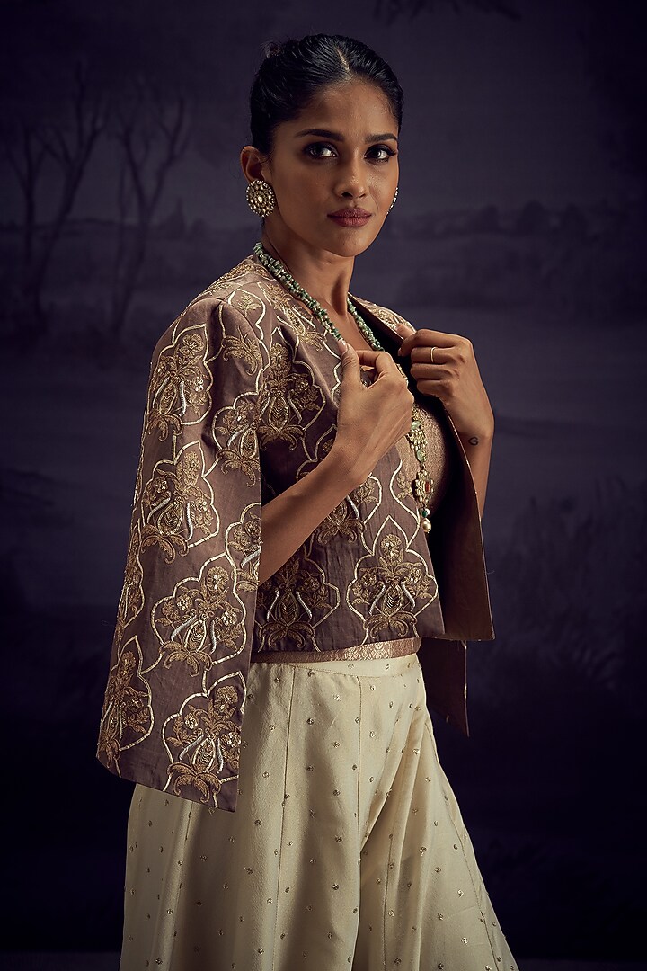Grey Satin Linen Heavy Embroidered Jacket Set by Aditi Somani at Pernia's Pop Up Shop
