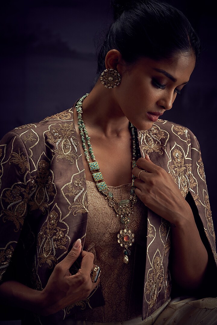 Grey Satin Linen Heavy Embroidered Jacket Set by Aditi Somani at Pernia's Pop Up Shop