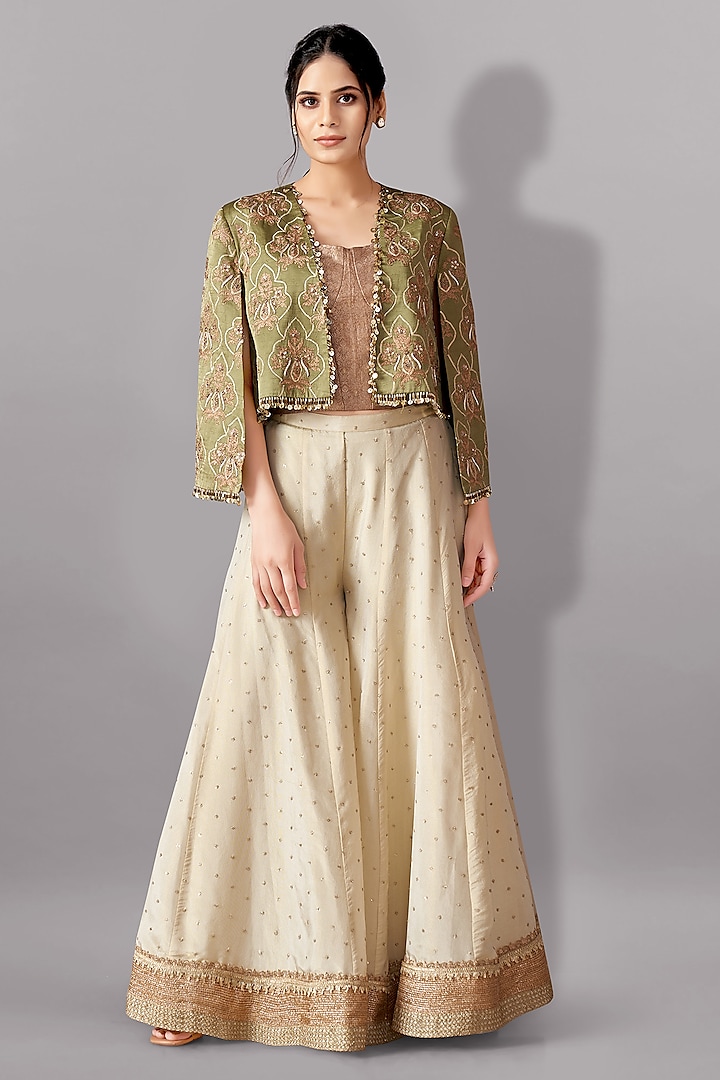 Green Satin Linen Heavy Embroidered Jacket Set by Aditi Somani at Pernia's Pop Up Shop