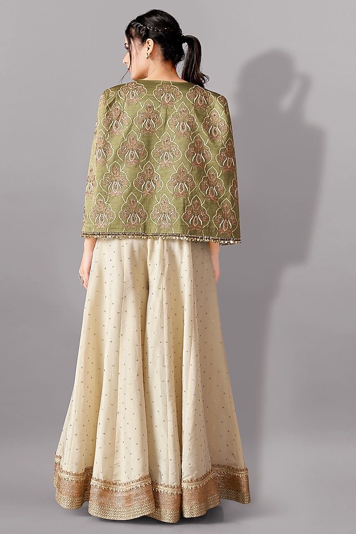 Green Satin Linen Heavy Embroidered Jacket Set by Aditi Somani at Pernia's Pop Up Shop