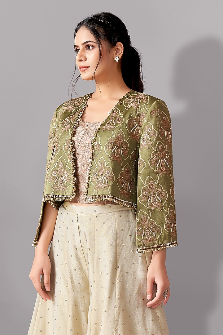Green Satin Linen Heavy Embroidered Jacket Set by Aditi Somani at Pernia's Pop Up Shop
