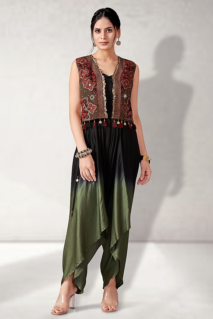 Green Pure Modal Satin Shaded Jumpsuit With Jacket by Aditi Somani at Pernia's Pop Up Shop