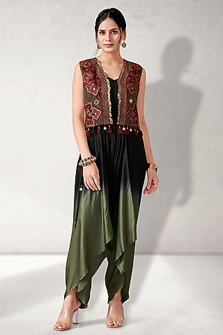 Green Pure Modal Satin Shaded Jumpsuit With Jacket by Aditi Somani