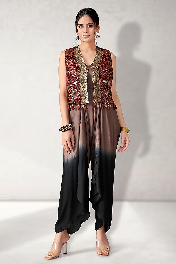 Maroon Pure Modal Satin Shaded Jumpsuit With Jacket by Aditi Somani at Pernia's Pop Up Shop