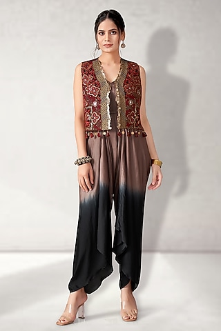 Maroon Pure Modal Satin Shaded Jumpsuit With Jacket by Aditi Somani