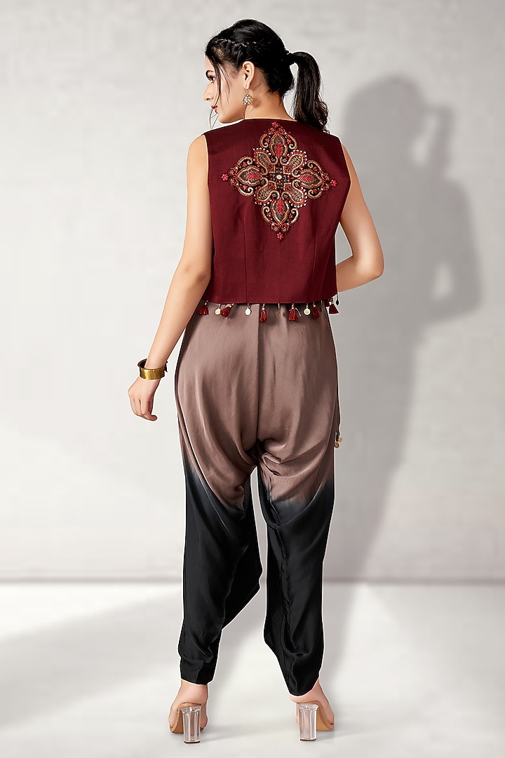 Maroon Pure Modal Satin Shaded Jumpsuit With Jacket by Aditi Somani at Pernia's Pop Up Shop
