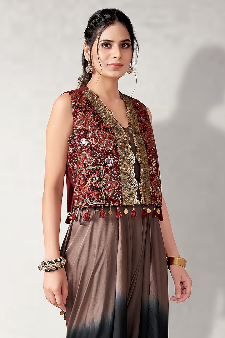 Maroon Pure Modal Satin Shaded Jumpsuit With Jacket by Aditi Somani at Pernia's Pop Up Shop