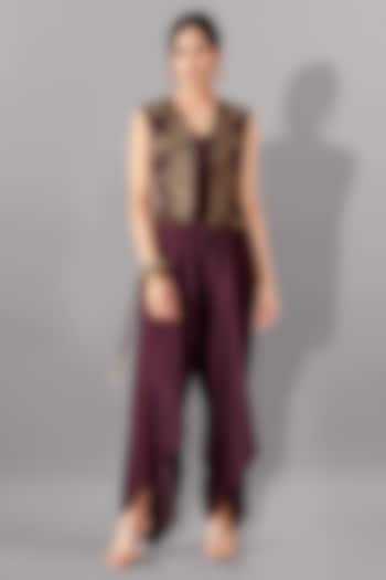 Wine Suede & Pure Modal Satin Jumpsuit With Jacket by Aditi Somani at Pernia's Pop Up Shop