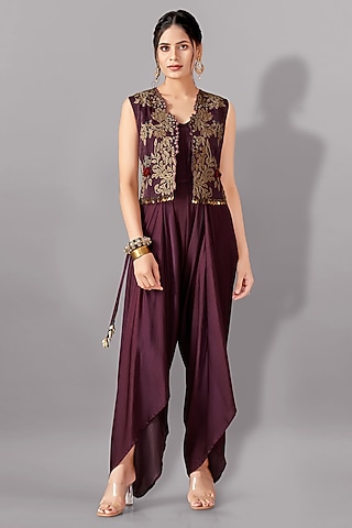 Wine Suede & Pure Modal Satin Jumpsuit With Jacket by Aditi Somani