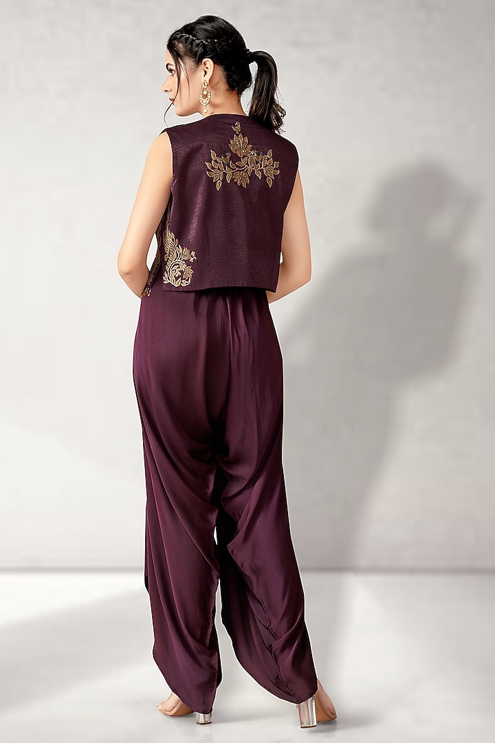 Wine Suede & Pure Modal Satin Jumpsuit With Jacket by Aditi Somani at Pernia's Pop Up Shop