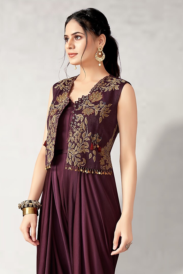 Wine Suede & Pure Modal Satin Jumpsuit With Jacket by Aditi Somani at Pernia's Pop Up Shop