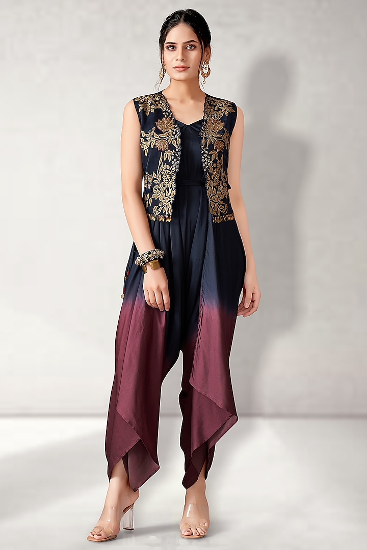 Navy Blue Suede & Pure Modal Satin Shaded Jumpsuit With Jacket by Aditi Somani at Pernia's Pop Up Shop