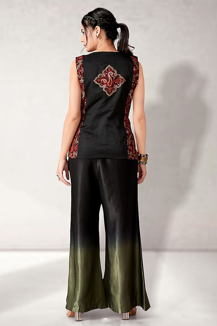 Black Mushroom Satin Embroidered Jacket Set by Aditi Somani at Pernia's Pop Up Shop