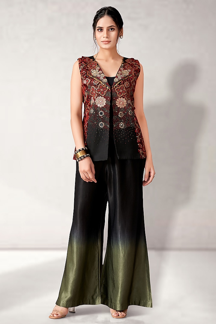 Black Mushroom Satin Embroidered Jacket Set by Aditi Somani at Pernia's Pop Up Shop