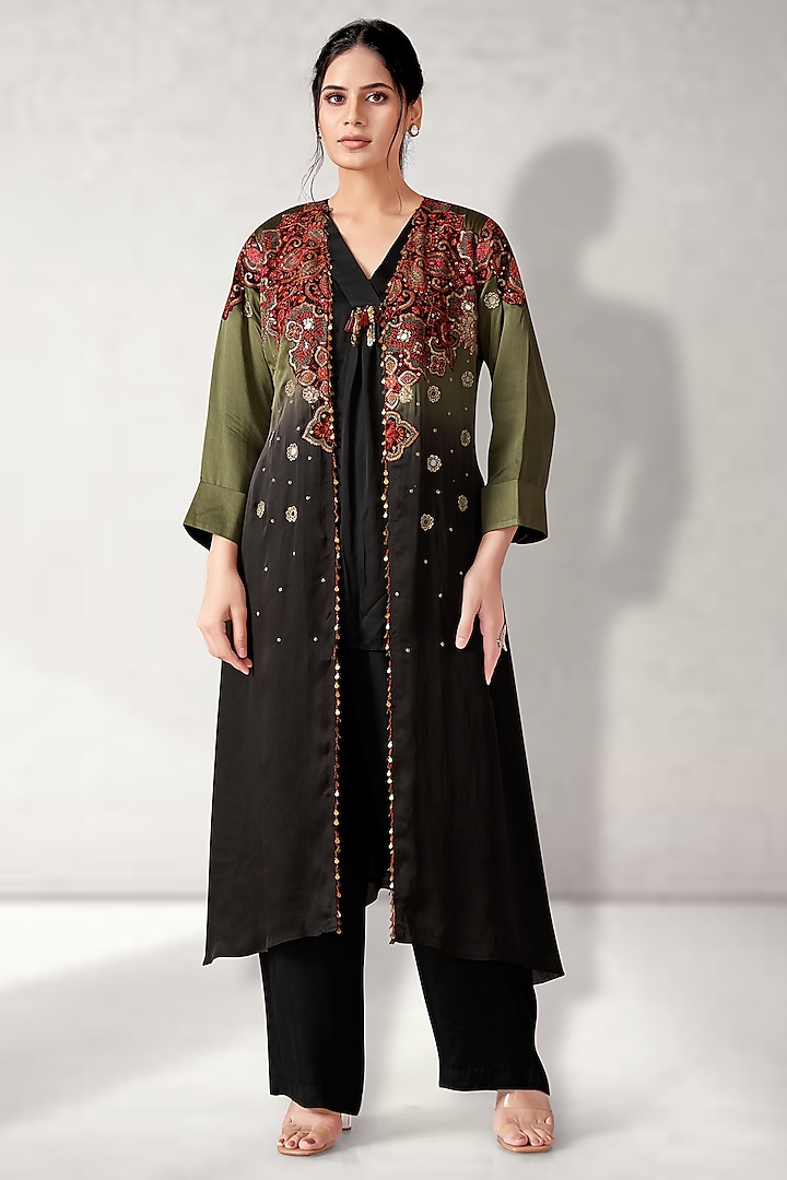 Green Satin Organza Embroidered Shaded Cape Set by Aditi Somani at Pernia's Pop Up Shop