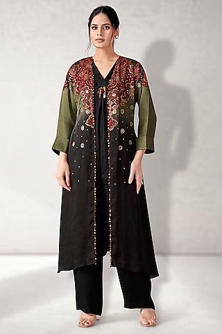Green Satin Organza Embroidered Shaded Cape Set by Aditi Somani