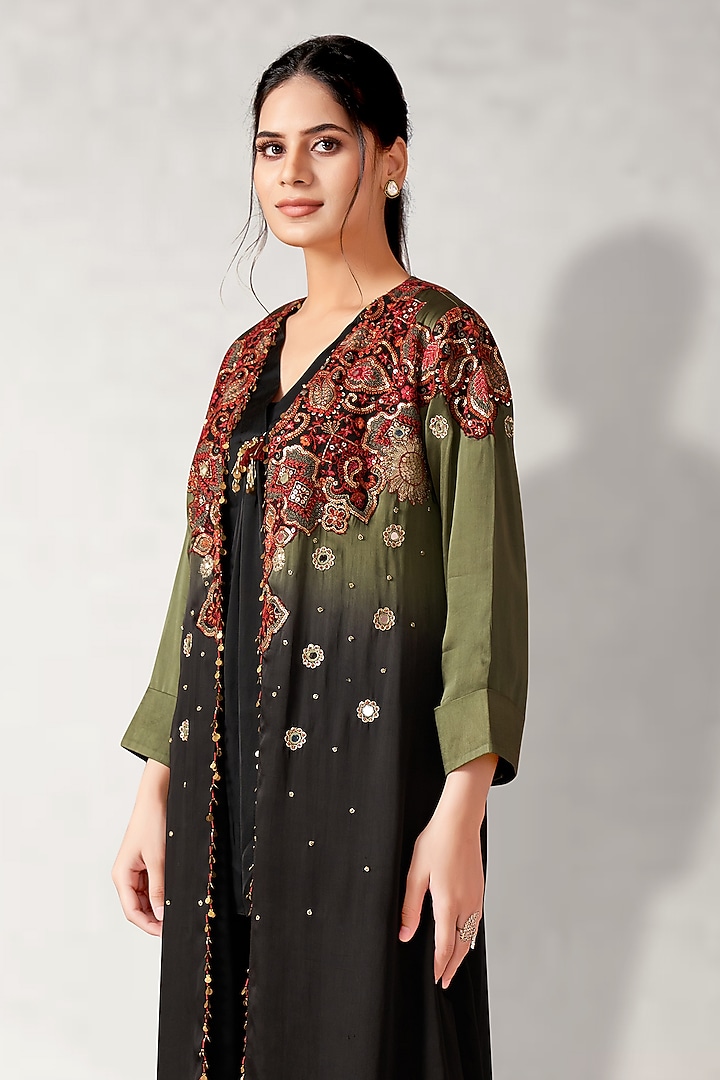 Green Satin Organza Embroidered Shaded Cape Set by Aditi Somani at Pernia's Pop Up Shop