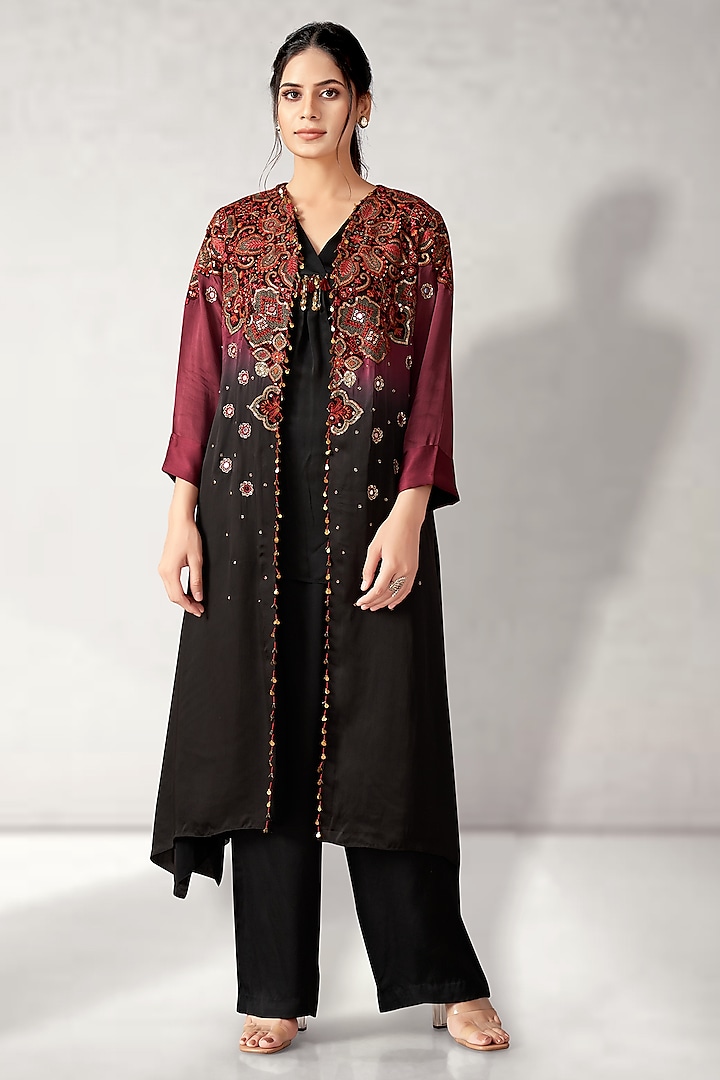 Maroon Satin Organza Embroidered Shaded Cape Set by Aditi Somani at Pernia's Pop Up Shop