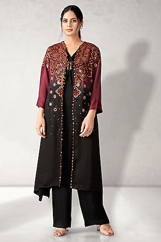 Maroon Satin Organza Embroidered Shaded Cape Set by Aditi Somani
