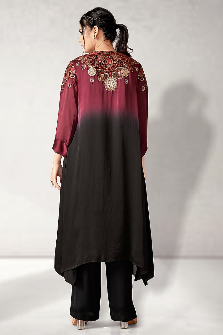 Maroon Satin Organza Embroidered Shaded Cape Set by Aditi Somani at Pernia's Pop Up Shop