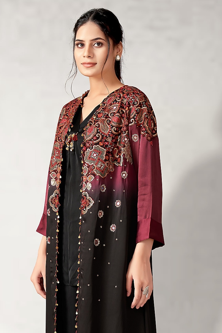 Maroon Satin Organza Embroidered Shaded Cape Set by Aditi Somani at Pernia's Pop Up Shop
