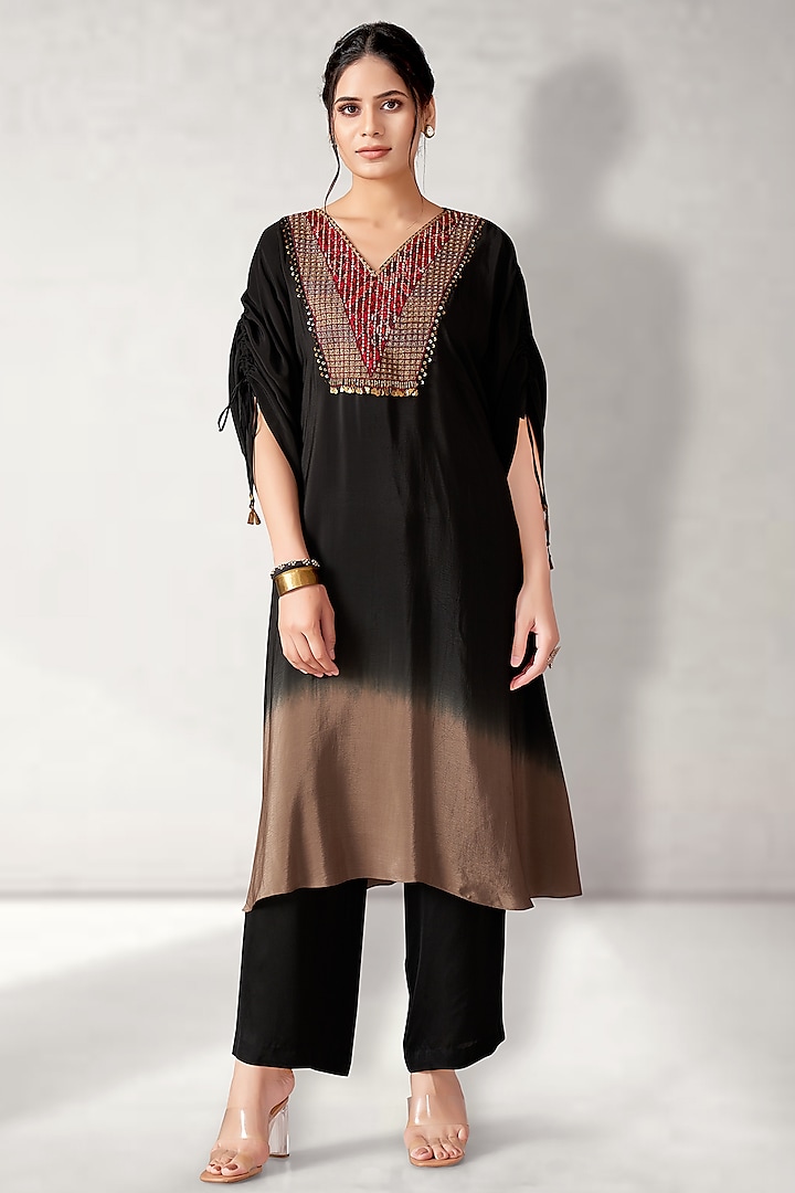 Black Mulberry Crepe Shaded Kaftan Set by Aditi Somani at Pernia's Pop Up Shop