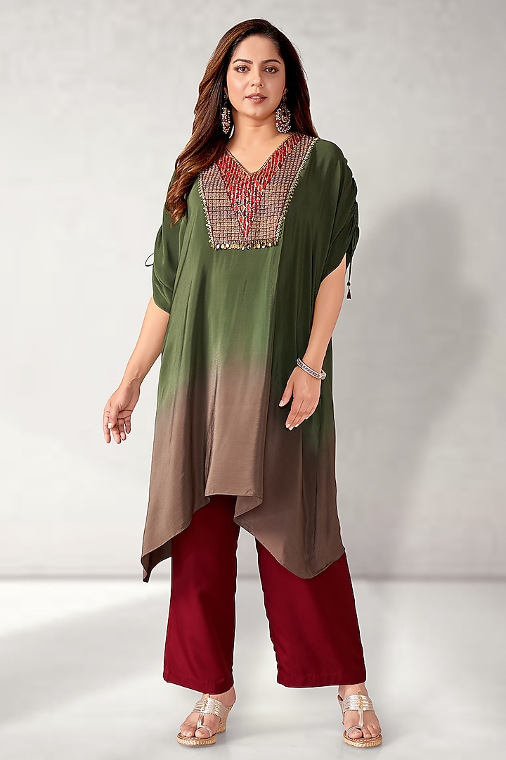 Dull Green Mulberry Crepe Patola Kaftan Set by Aditi Somani at Pernia's Pop Up Shop